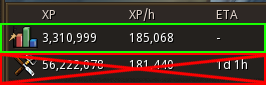 RuneMetrics panel with the Total XP All Stats row highlighted at the top and a lower skill row crossed out.