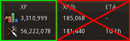 RuneMetrics panel with the XP column highlighted and the XP per hour and ETA columns crossed out.