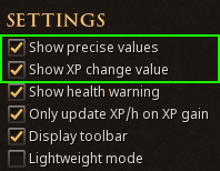 RuneMetrics settings with Show precise values and Show XP change value enabled.